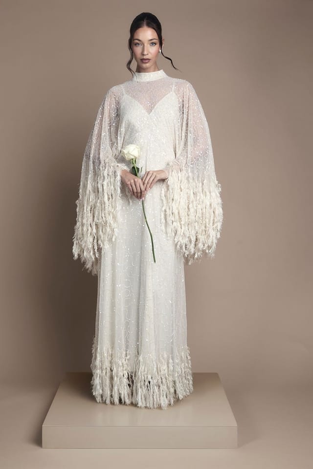 Coast Coast Women's Embellished Feather Trim Cape Maxi Wedding Dress in Ecru - 3