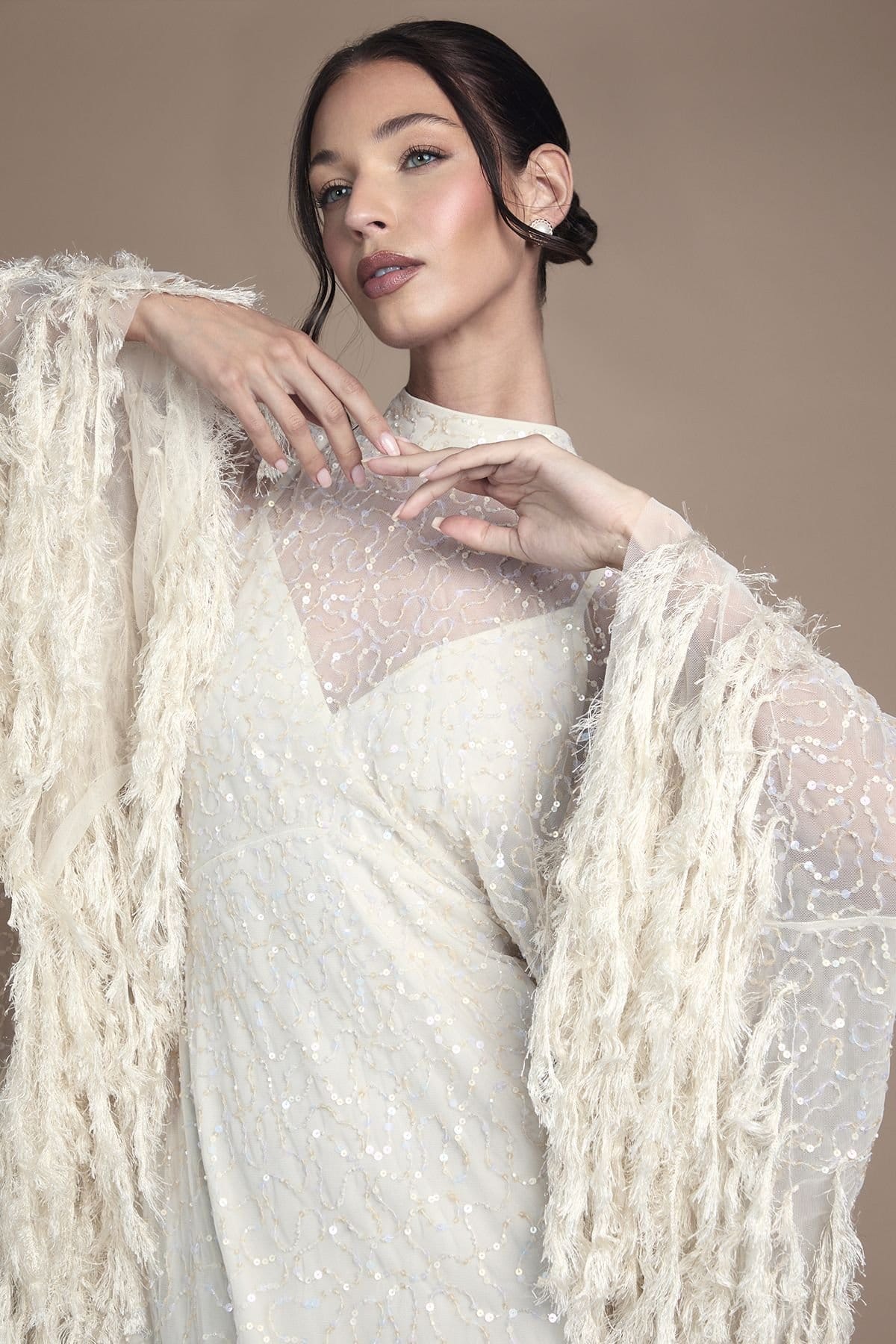 Coast Coast Women's Embellished Feather Trim Cape Maxi Wedding Dress in Ecru - 4