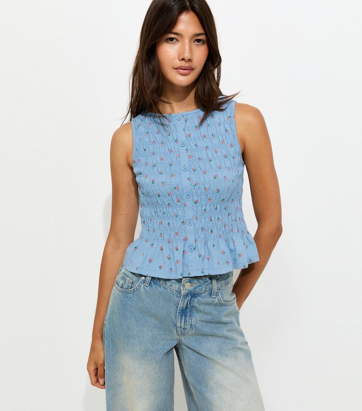 New Look Blue Floral Shirred Sleeveless Top