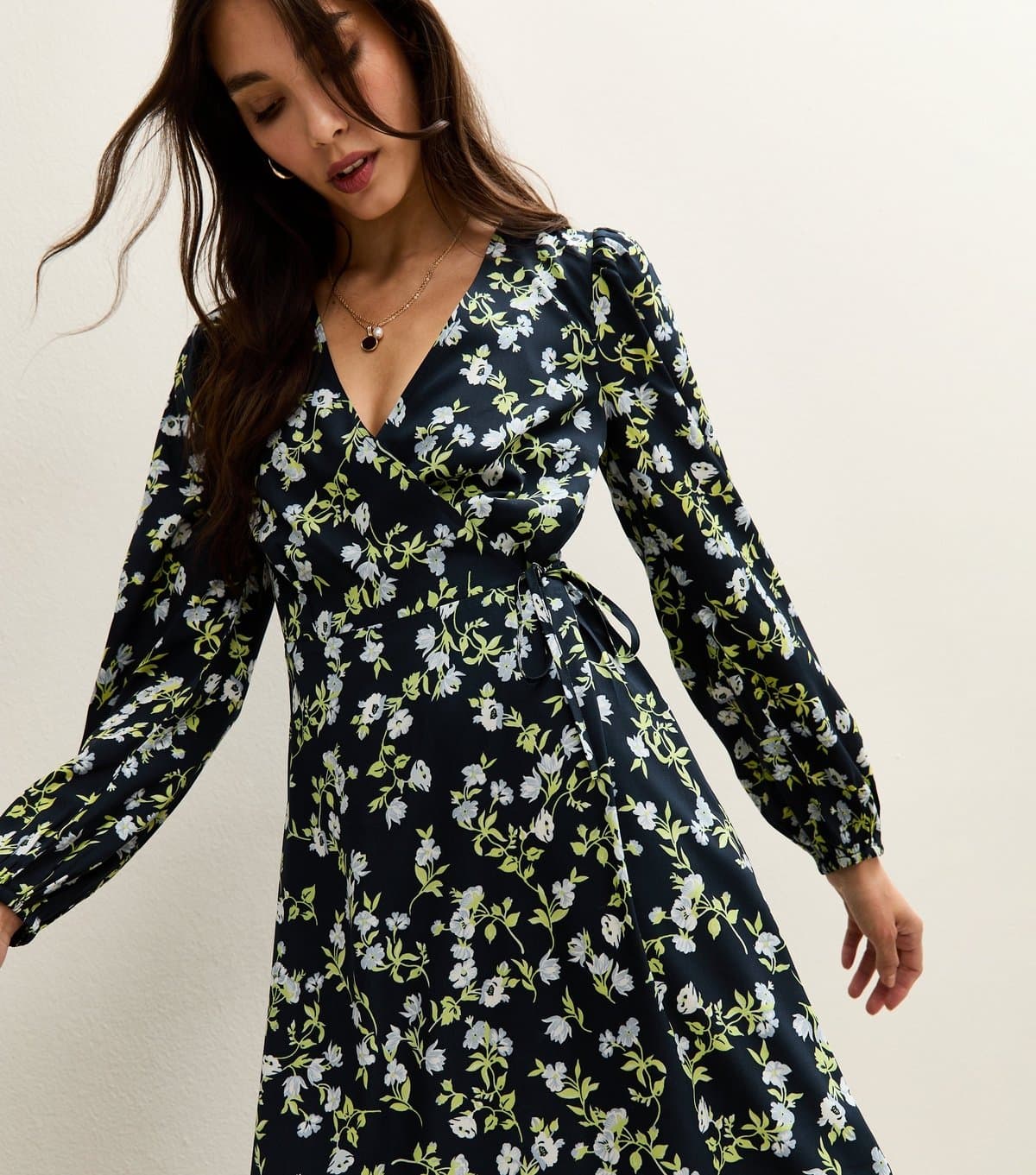 New Look Women's Blue Crepe Floral Print Wrap Midi Dress New Look