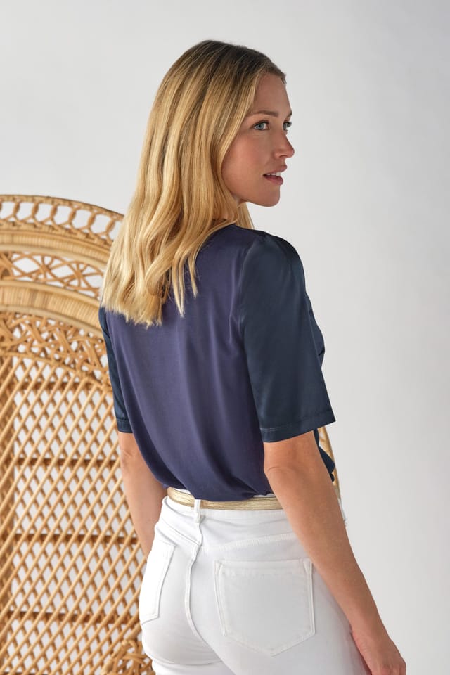 Pure Collection Pure Collection Women's Silk Front T-Shirt in Navy - 3
