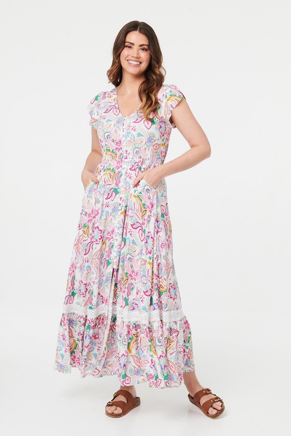 Izabel London Izabel London Women's Paisley Cap Sleeve Maxi Tiered Dress in White