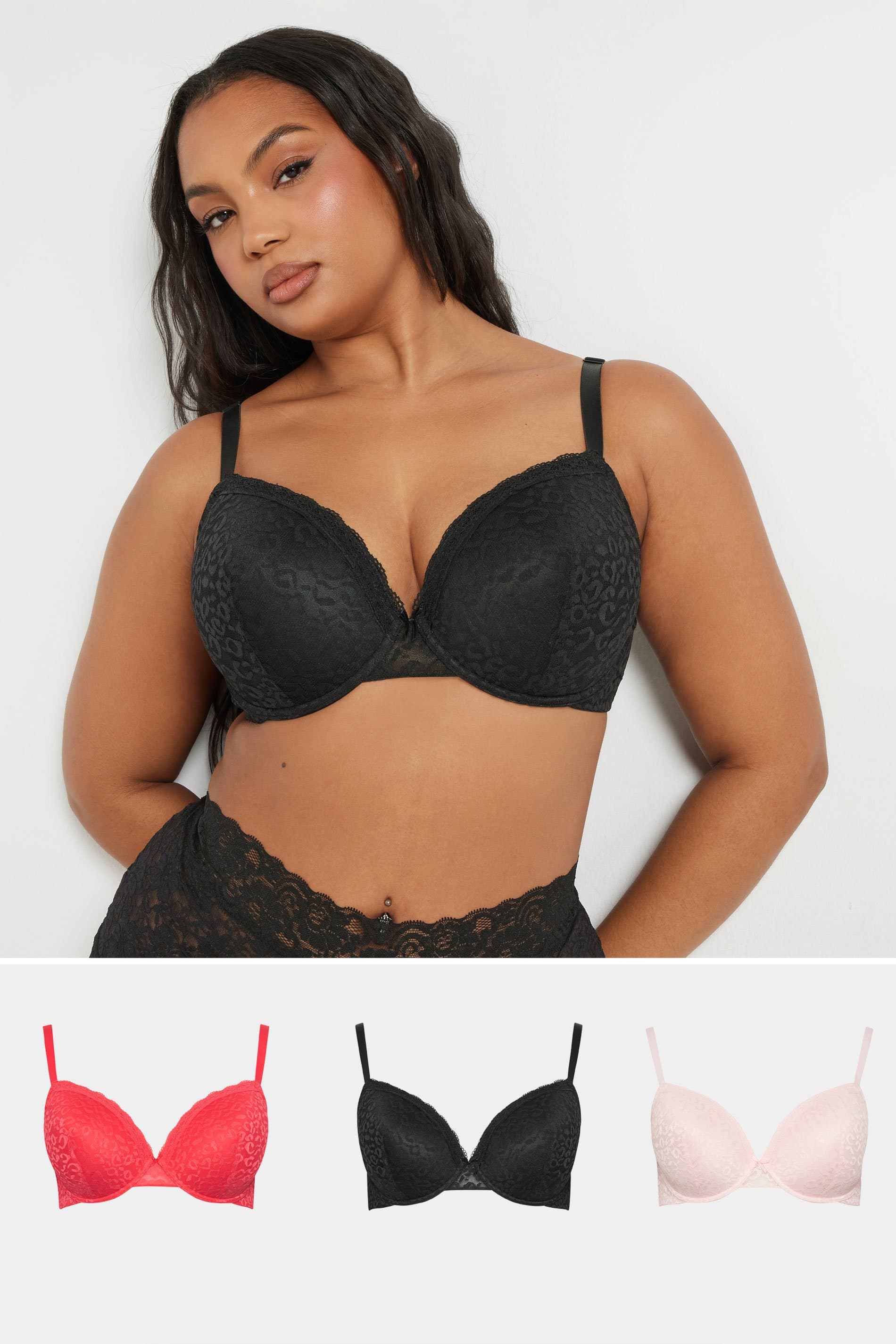 Yours 3 Pack Plus Size Black & Pink Leopard Padded Bras