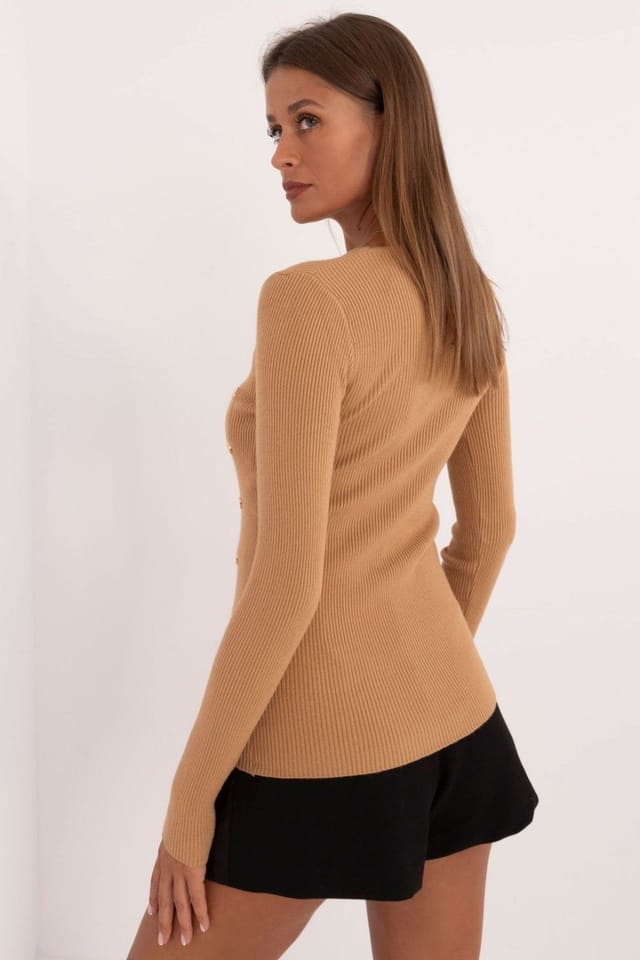 Love Lace Love Lace Women's Casual Button Front Ribbed Sweater Round Neck in Brown - 3