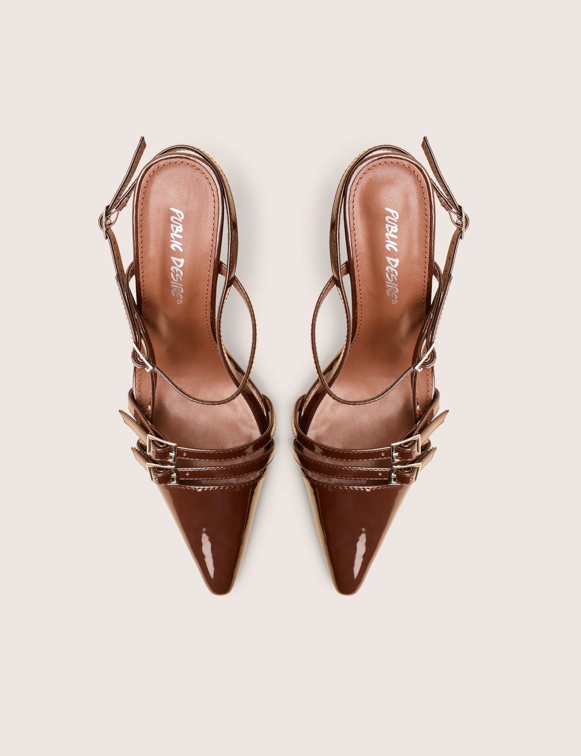 Public Desire Sushi Brown Patent Buckle Detail Slingback Court Shoes - 4