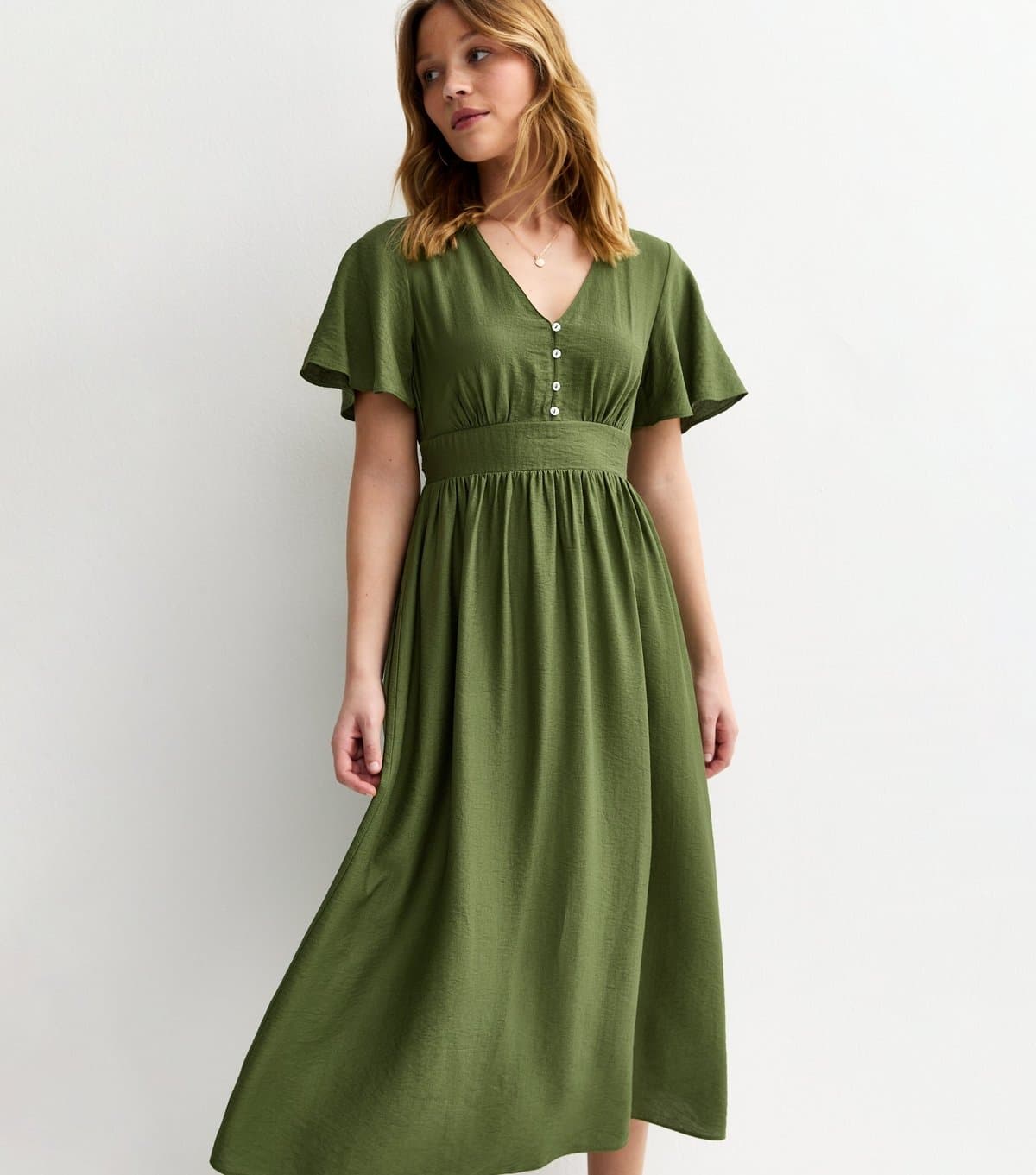 New Look Women's Dark Khaki Frill Sleeve V Neck Midi Dress New Look