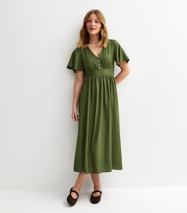 New Look Women's Dark Khaki Frill Sleeve V Neck Midi Dress New Look - 3