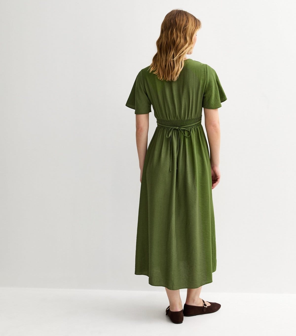 New Look Women's Dark Khaki Frill Sleeve V Neck Midi Dress New Look - 4