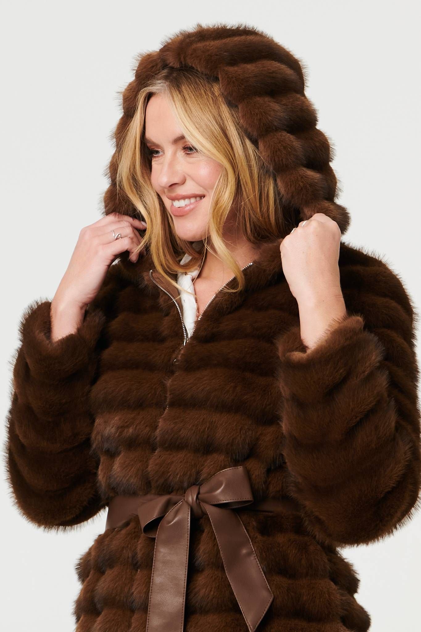Izabel London Izabel London Women's Faux Fur Striped Tie Waist Longline Coat in Brown - 2