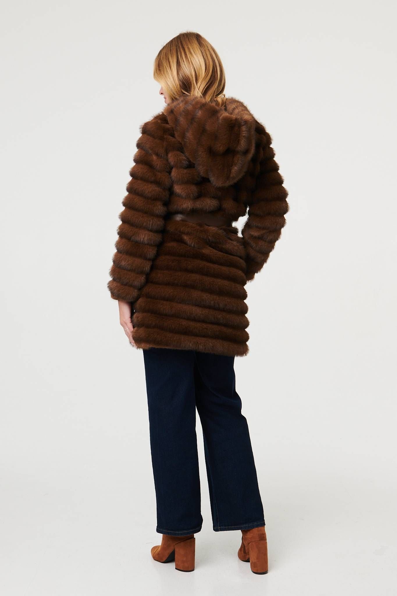 Izabel London Izabel London Women's Faux Fur Striped Tie Waist Longline Coat in Brown - 3