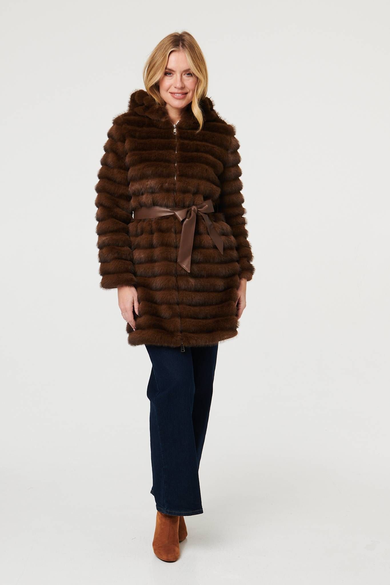 Izabel London Izabel London Women's Faux Fur Striped Tie Waist Longline Coat in Brown - 4