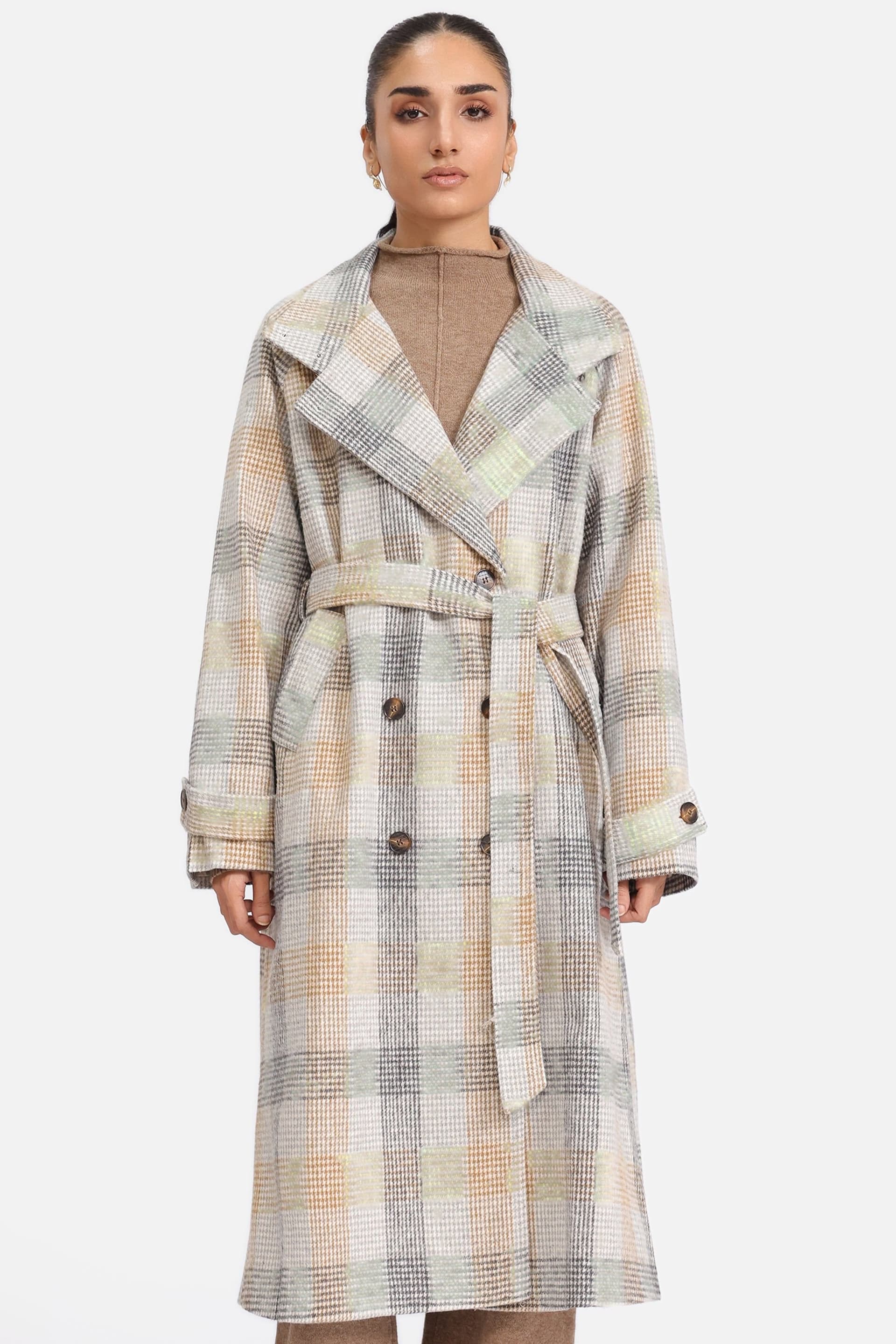 Urban Studio Urban Studio Women's Elegant Double Breasted Wool-Blend Belted Checked Coat