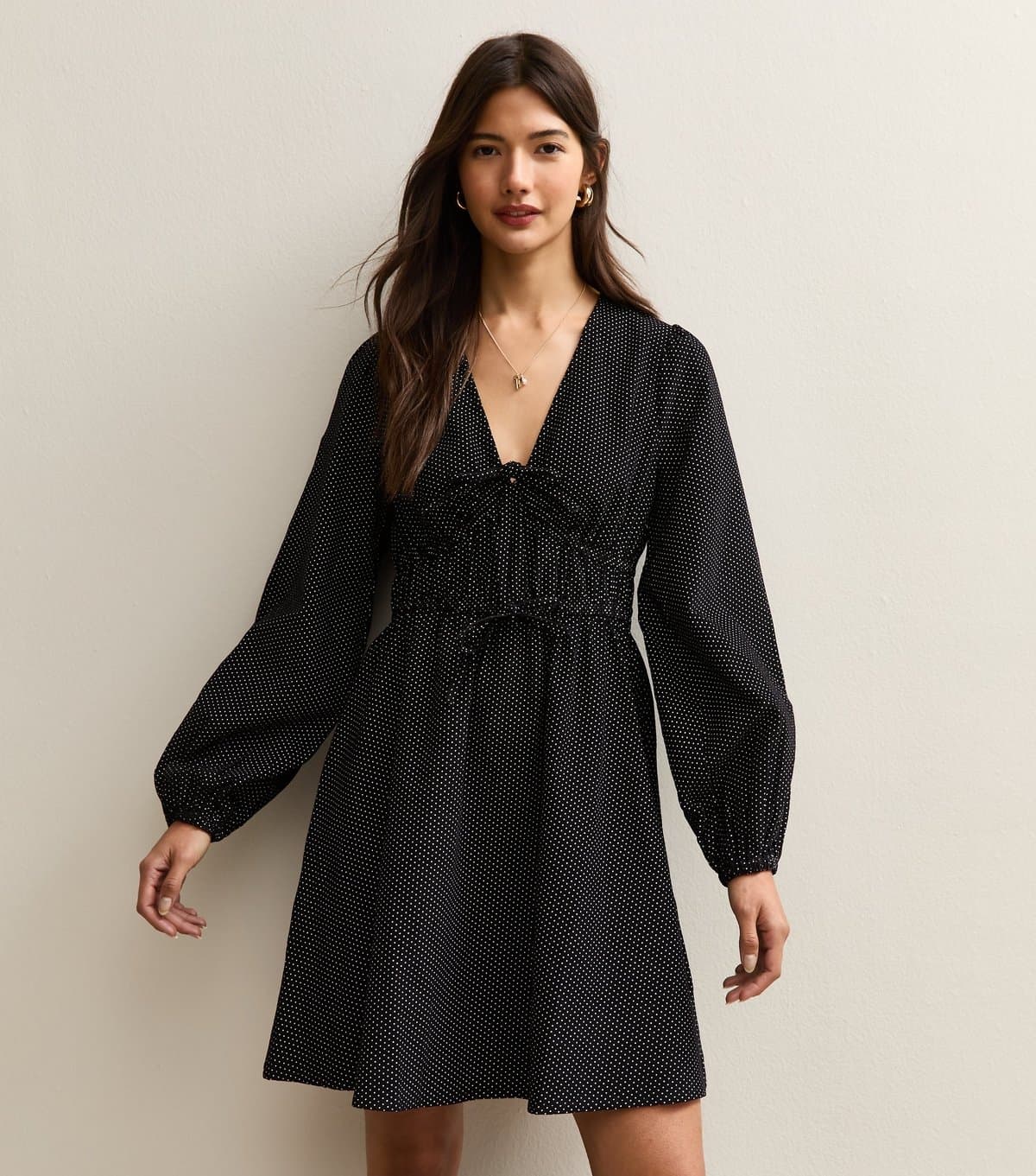 New Look Women's Black Polka Dot Front Tie Mini Dress New Look