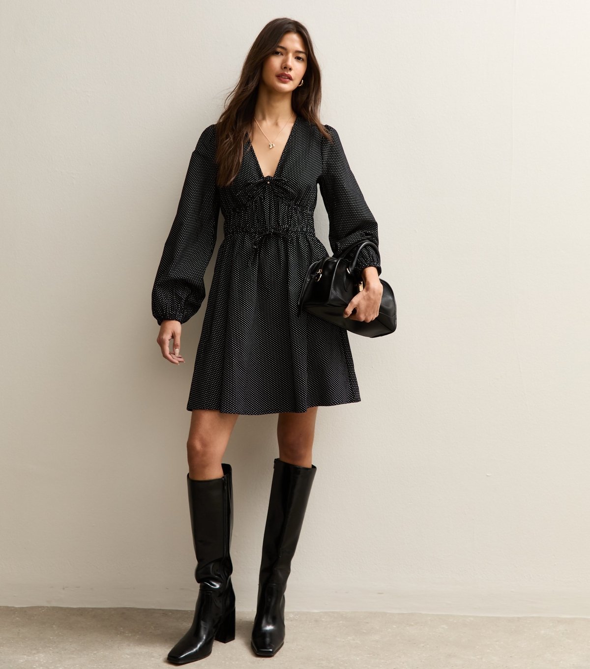 New Look Women's Black Polka Dot Front Tie Mini Dress New Look - 3