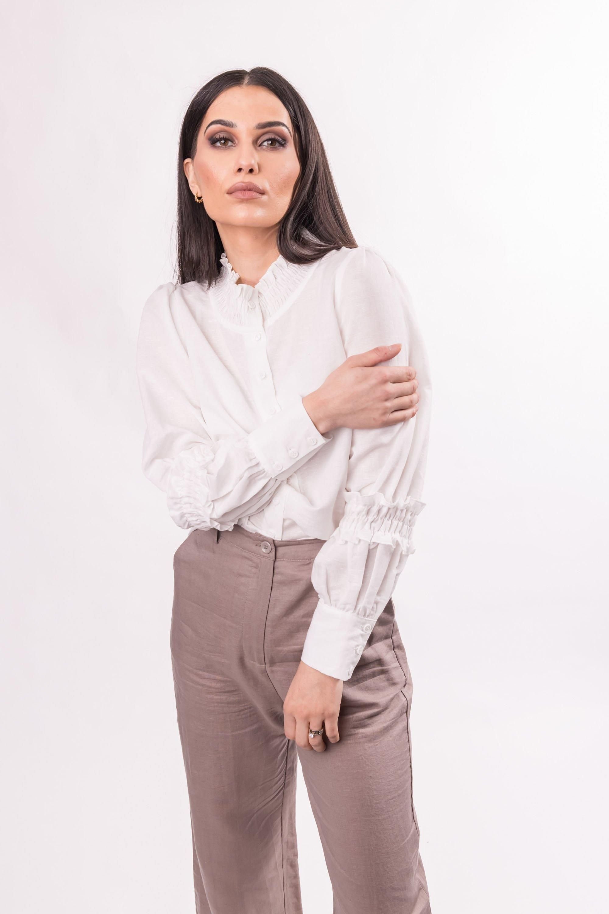 BALOU BALOU Women's Shirring Detailed Oversized Linen Shirt in White - 2