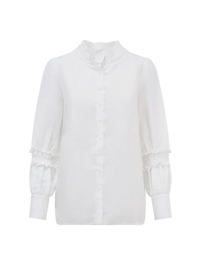 BALOU BALOU Women's Shirring Detailed Oversized Linen Shirt in White - 3