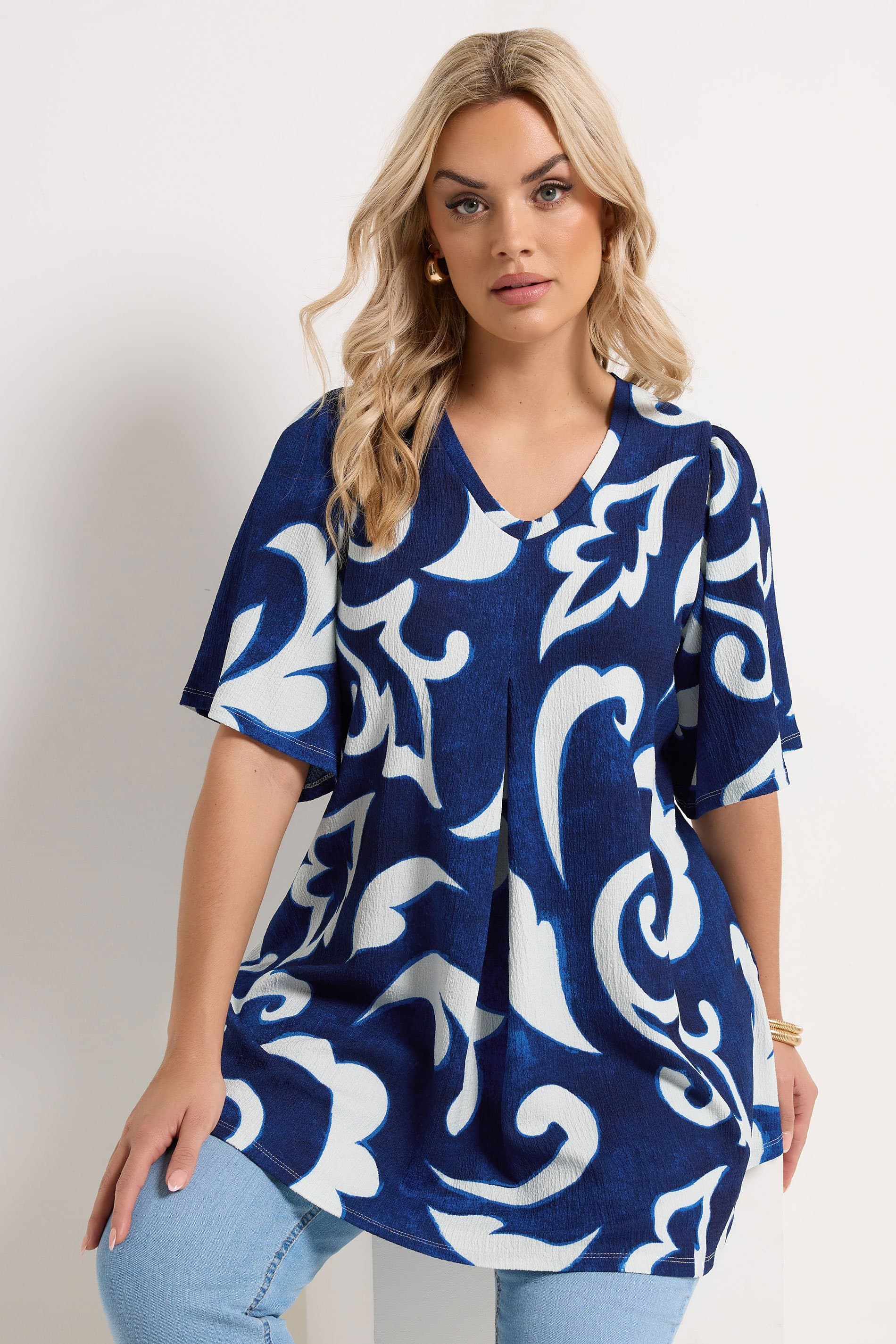 Yours Plus Size Blue Abstract Textured Pleat Front Top