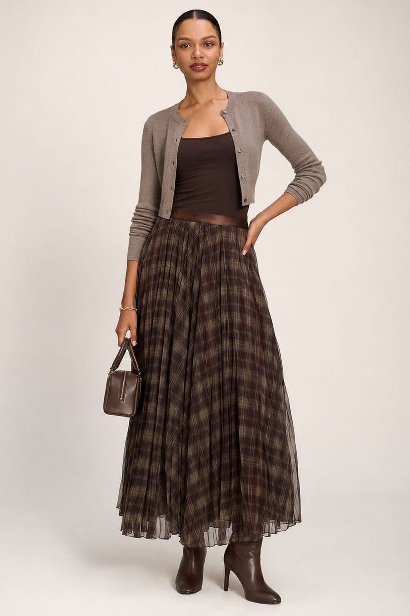 Jolie Moi Jolie Moi Women's Checked Crinkle Mesh Maxi Skirt in Light Brown - 1