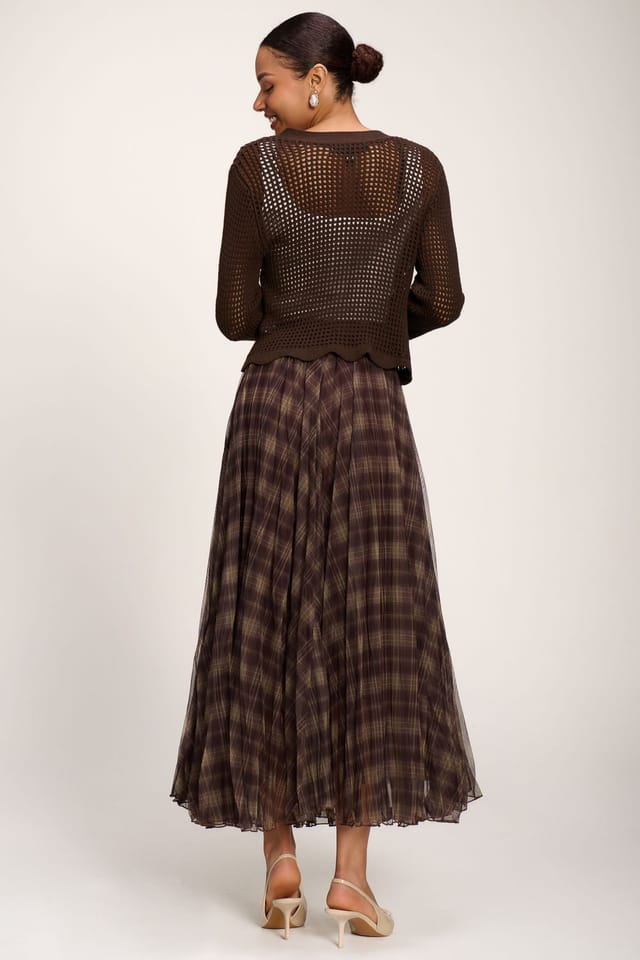 Jolie Moi Jolie Moi Women's Checked Crinkle Mesh Maxi Skirt in Light Brown - 2