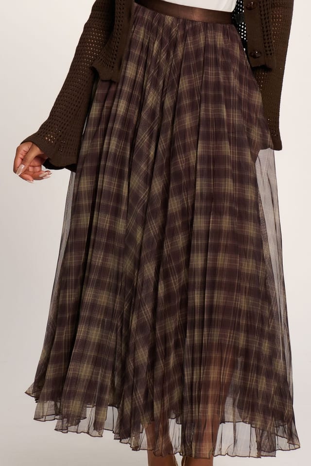 Jolie Moi Jolie Moi Women's Checked Crinkle Mesh Maxi Skirt in Light Brown - 3