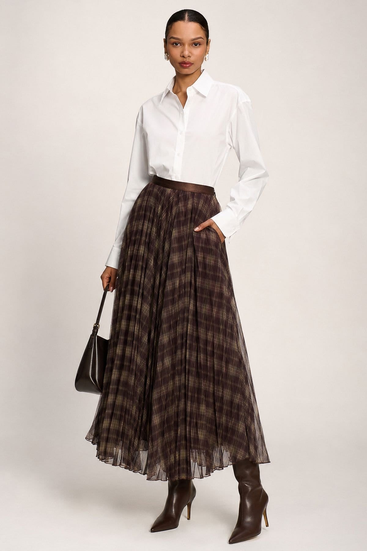 Jolie Moi Jolie Moi Women's Checked Crinkle Mesh Maxi Skirt in Light Brown - 4