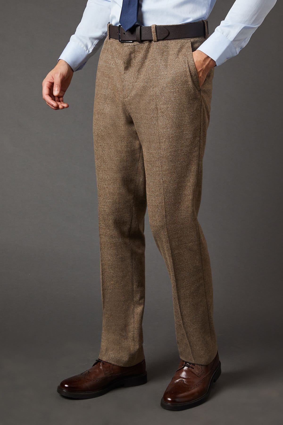Burton Men's Light Brown Tweed Look Tailored Fit Suit Trouser