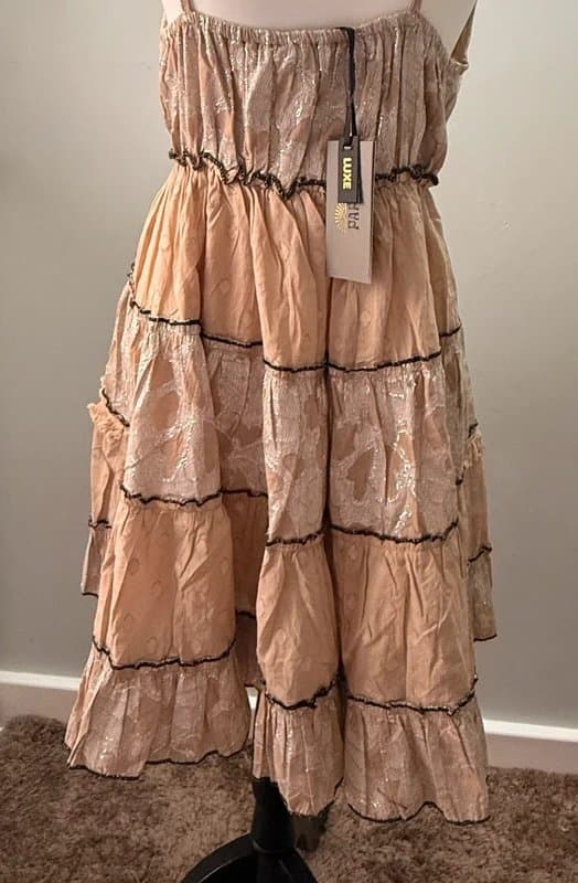 Papa Pia Papa Pia Luxe Beige Cotton V-Neck Boho/Ibiza Dress, Tassel Tie