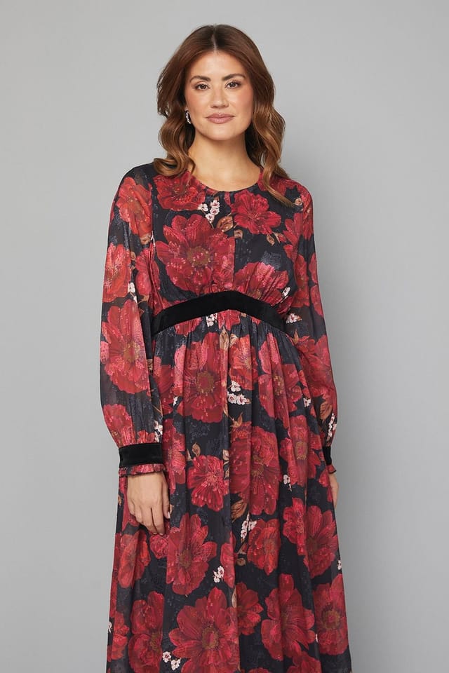Wallis Wallis Women's Floral Contrast Velvet Midi Dress in Black - 2