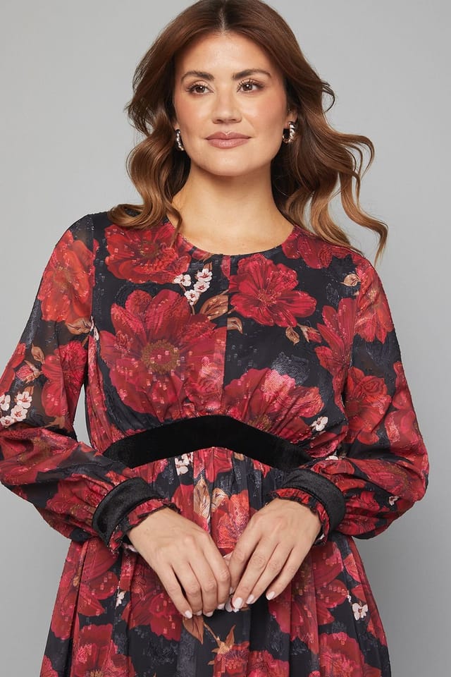 Wallis Wallis Women's Floral Contrast Velvet Midi Dress in Black - 3
