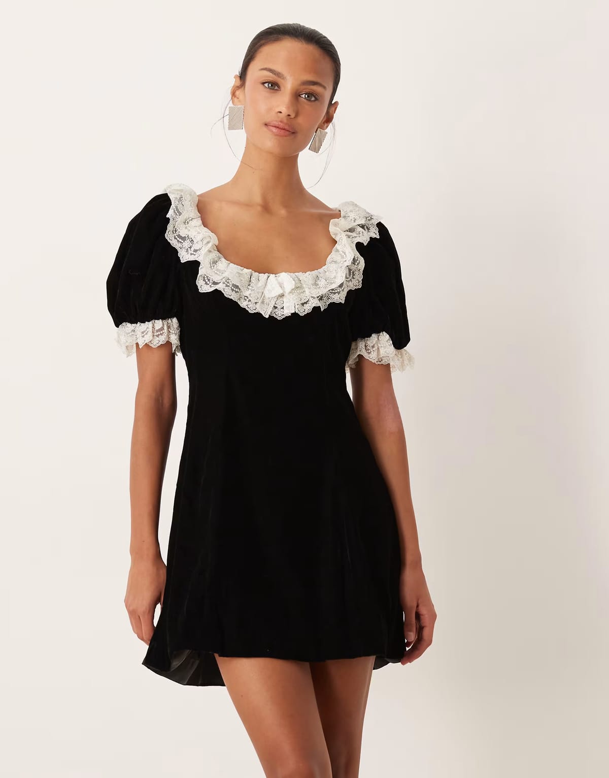 ASOS For Love & Lemons velvet scoop neck puff sleeve lace detail mini dress in black - 1