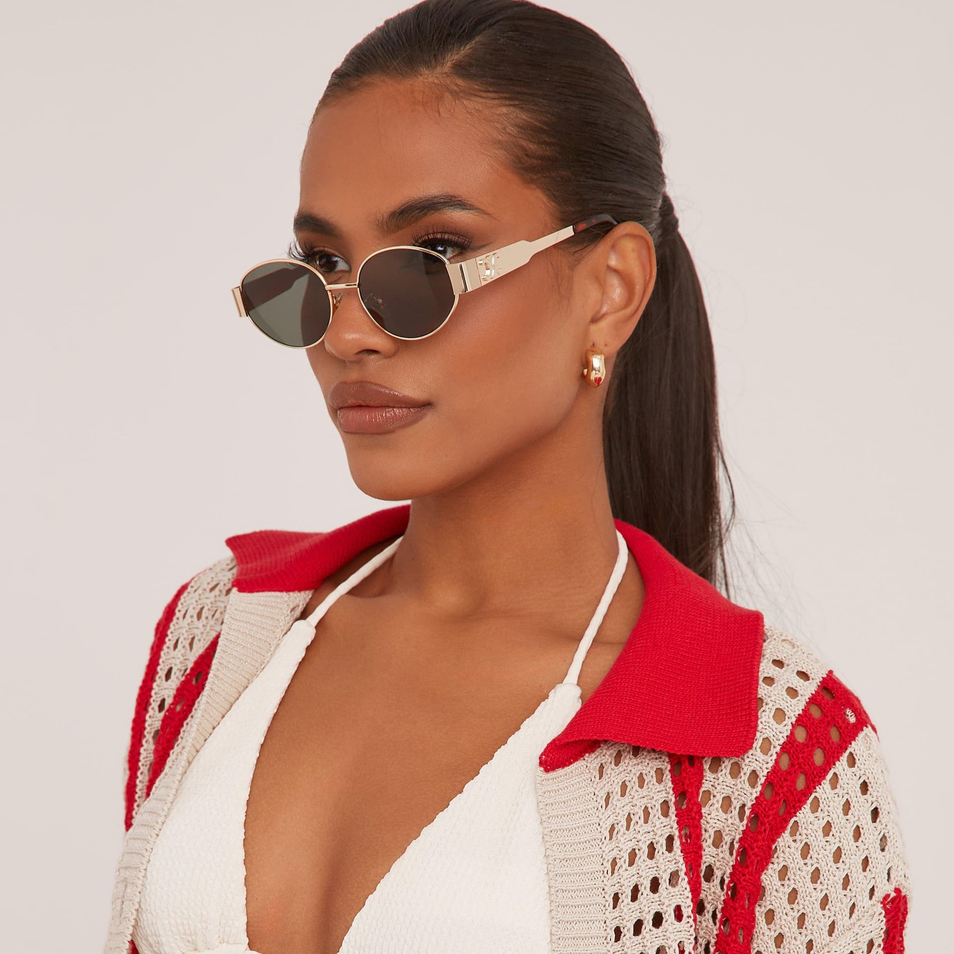 EGO EGO Gold Metal Frame Cateye Sunglasses with Green Tinted Lenses