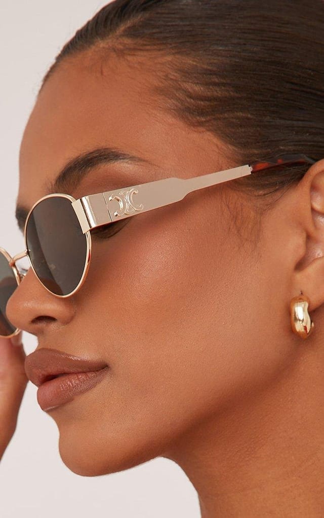 EGO Oval Cateye Shape Side Detail Green Tinted Lense Metal Frame Sunglasses In Gold, Women's Size UK One Size - 2