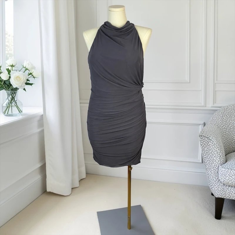 ASOS Design UK 18 ASOS Design Mesh Halter Mini Dress Charcoal Ruched Twist Bust Tie Back Bodycon Party - 1