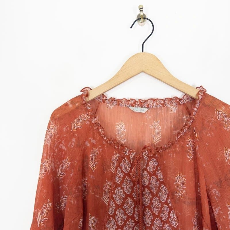 Marks & Spencer M&S Indigo Collection Boho Blouse Size 14 Rust Orange Floral Sheer Top