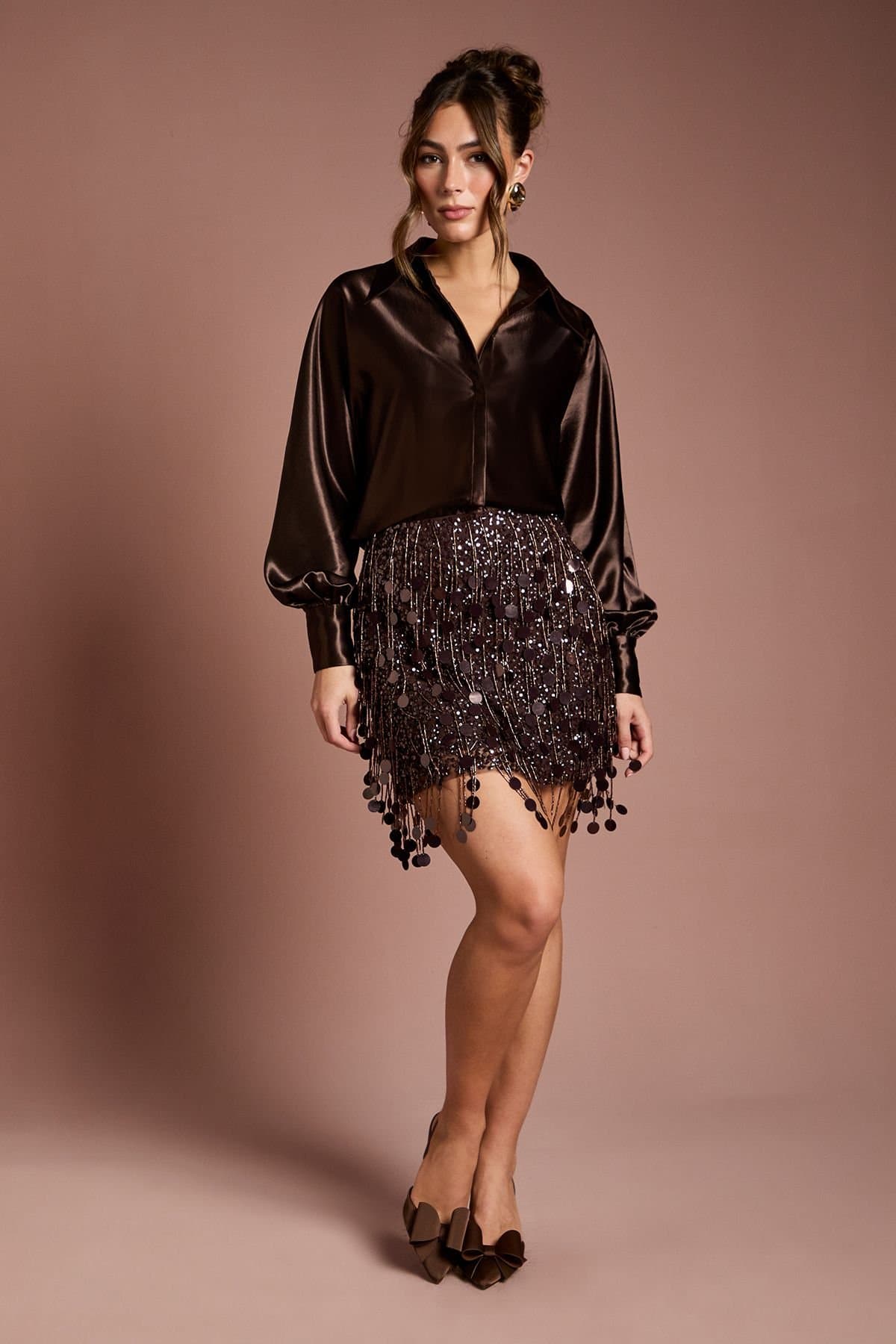 Coast Coast Women's Party Sequin Fringe Mini Skirt in Chocolate