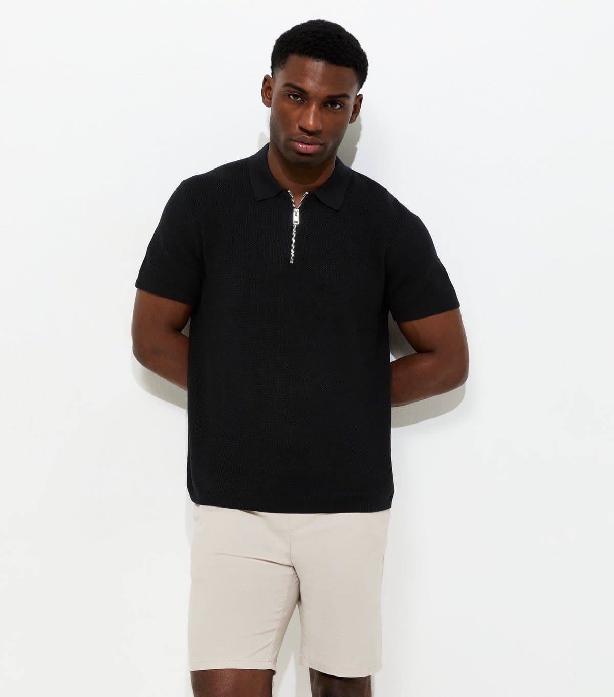 jack & jones Men's Black Regular Knit Quarter Zip Polo Shirt Jack & Jones New Look