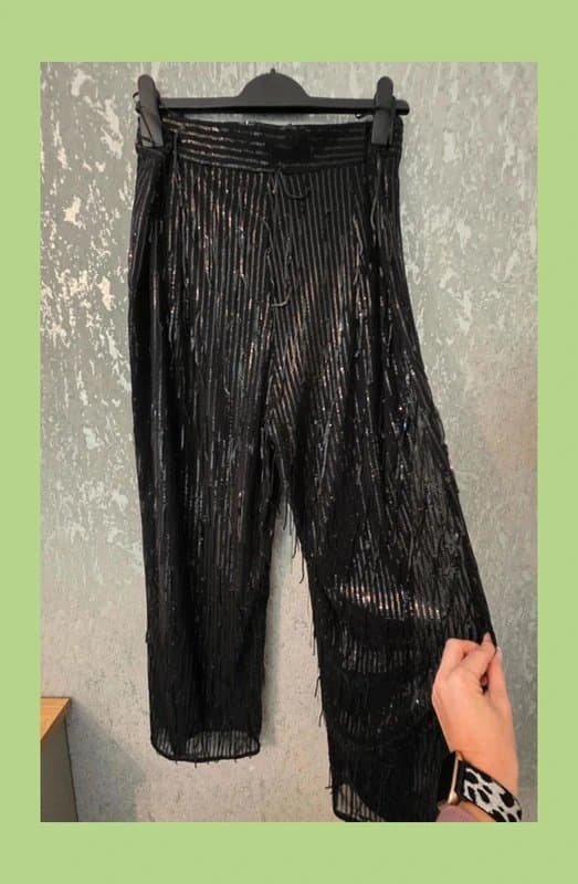 River Island Black Sequin Tassle Trousers Party Christmas size 16 petite Brand New with tags River Island