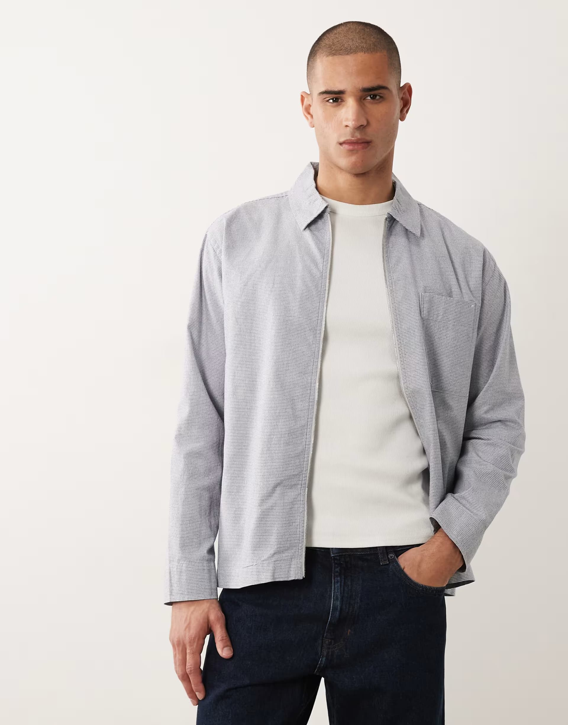 ASOS Selected 100% cotton double zip overshirt in blue micro check
