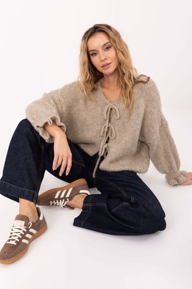 Love Lace Love Lace Women's Acrylic Tie Cardigan Casual Sweater in Beige - 2