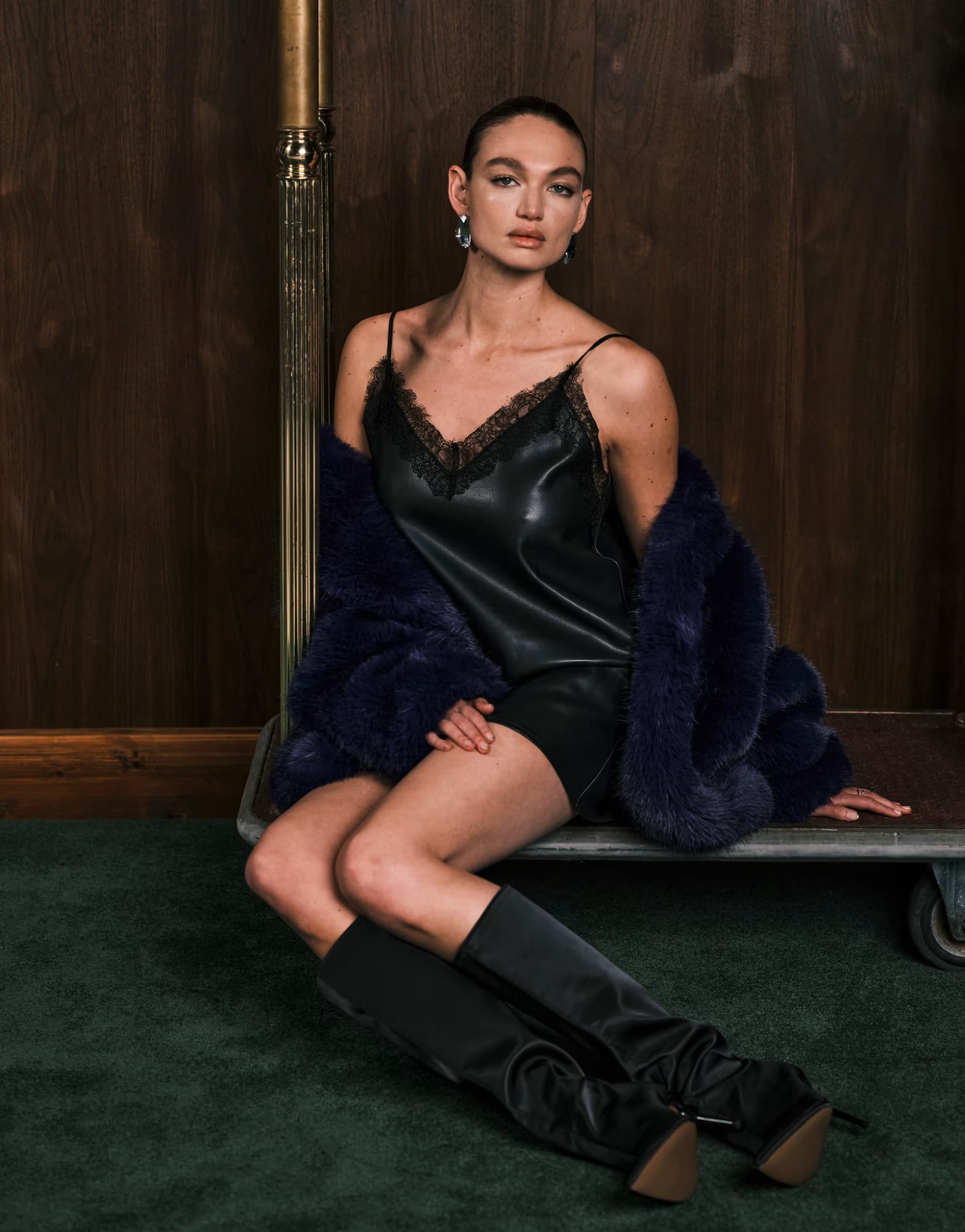 ASOS Gina Tricot lace detail PU mini dress in black