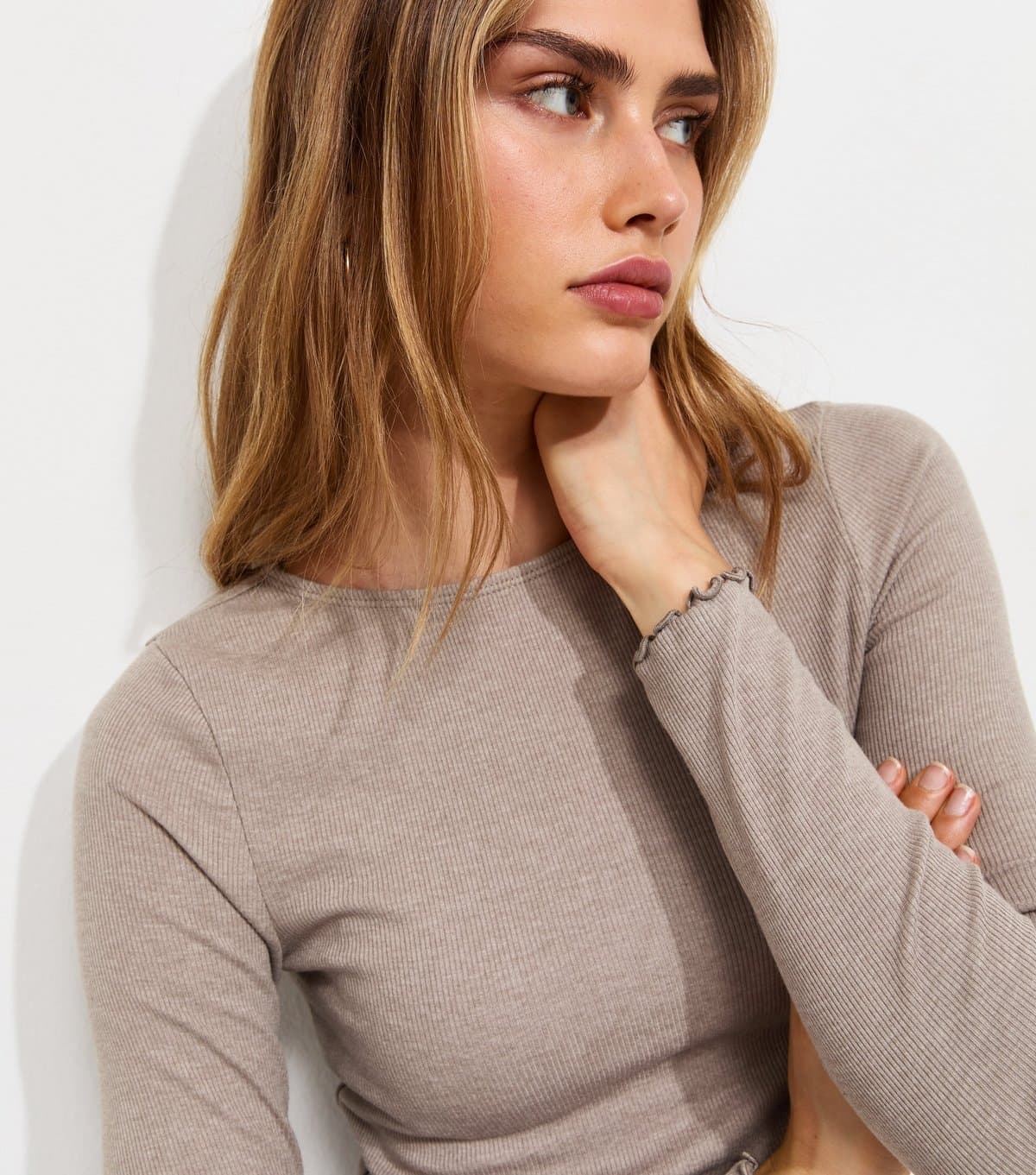 New Look Women's Light Brown With Cotton Babylock Slash Neck Long Sleeve Top New Look