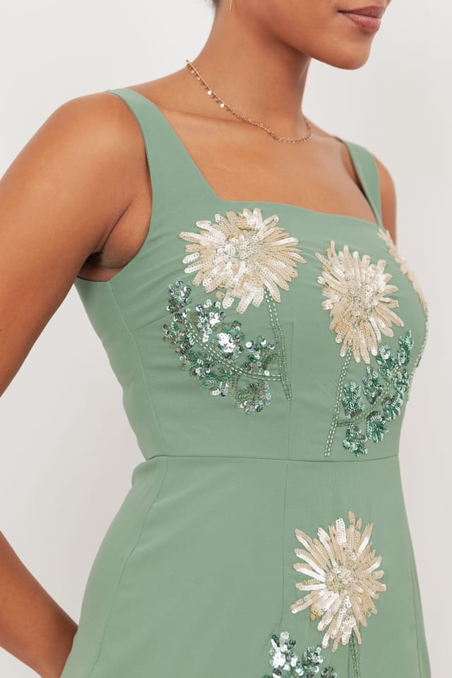 Maya Deluxe Maya Deluxe Women's Floral Embellished Square Neck Midaxi Dress in Light Green - 3