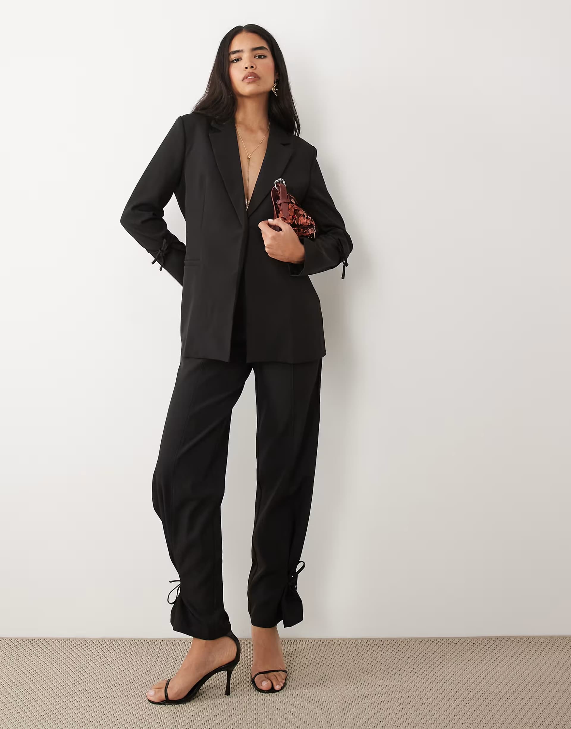 ASOS Kaiia exclusive tailored tie detail cinch waist detail blazer and trousers co-ord in black