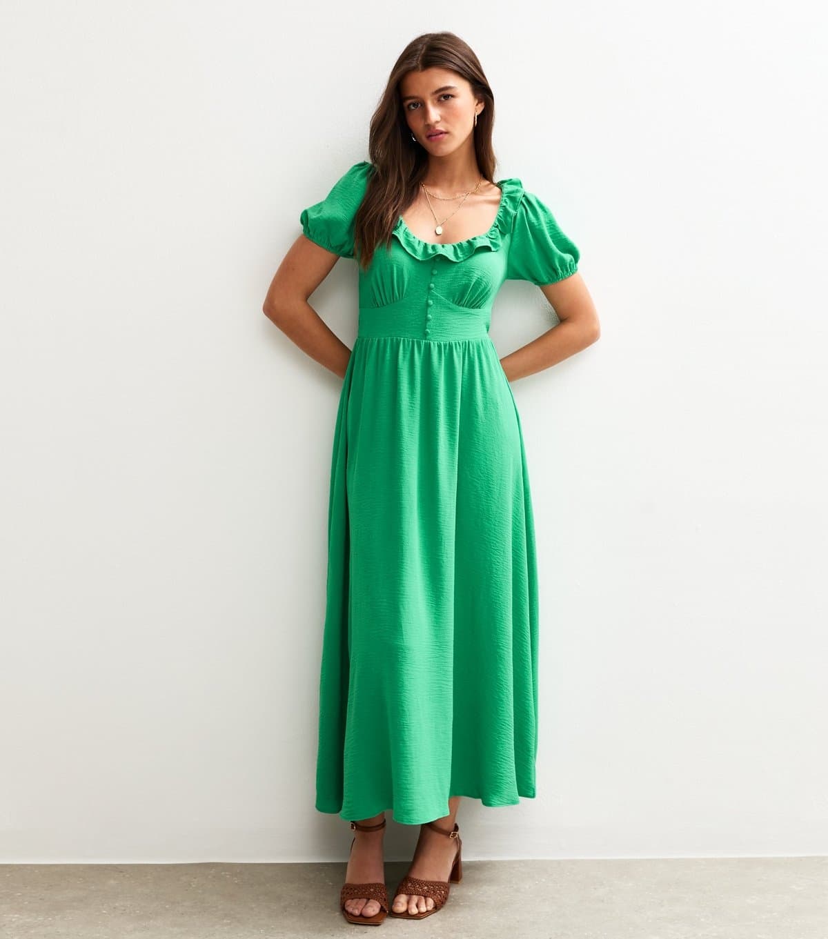 New Look Women's Bright Green Ruffle Trim V-Neck Midi Dress New Look