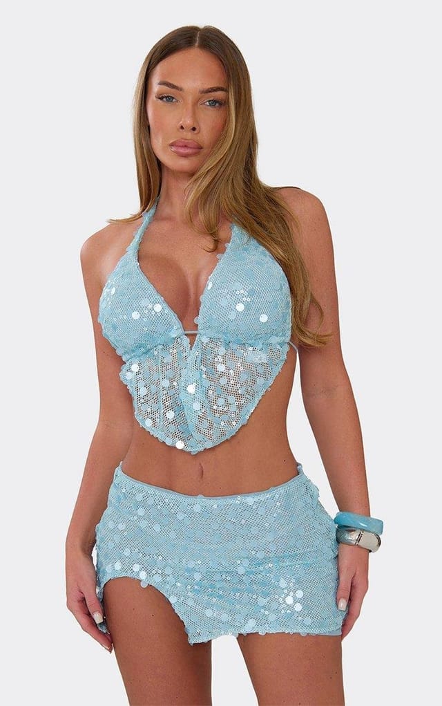 EGO Plunge Cowl Halterneck Top In Blue Sequin, Women's Size UK 8 - 2