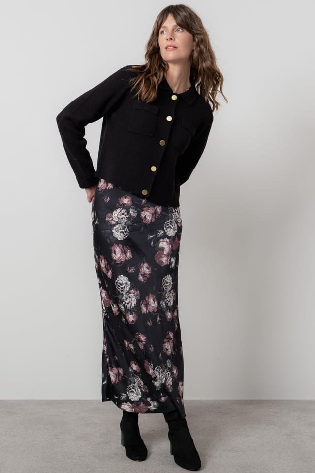 Lily & Me Lily & Me Women's Evelyn Floral Print Woven Viscose Satin Midi Skirt in Black - 3