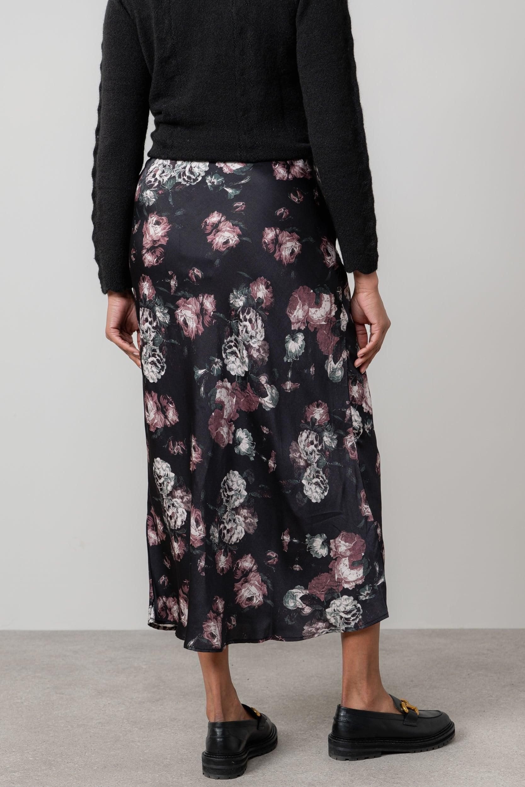 Lily & Me Lily & Me Women's Evelyn Floral Print Woven Viscose Satin Midi Skirt in Black - 4