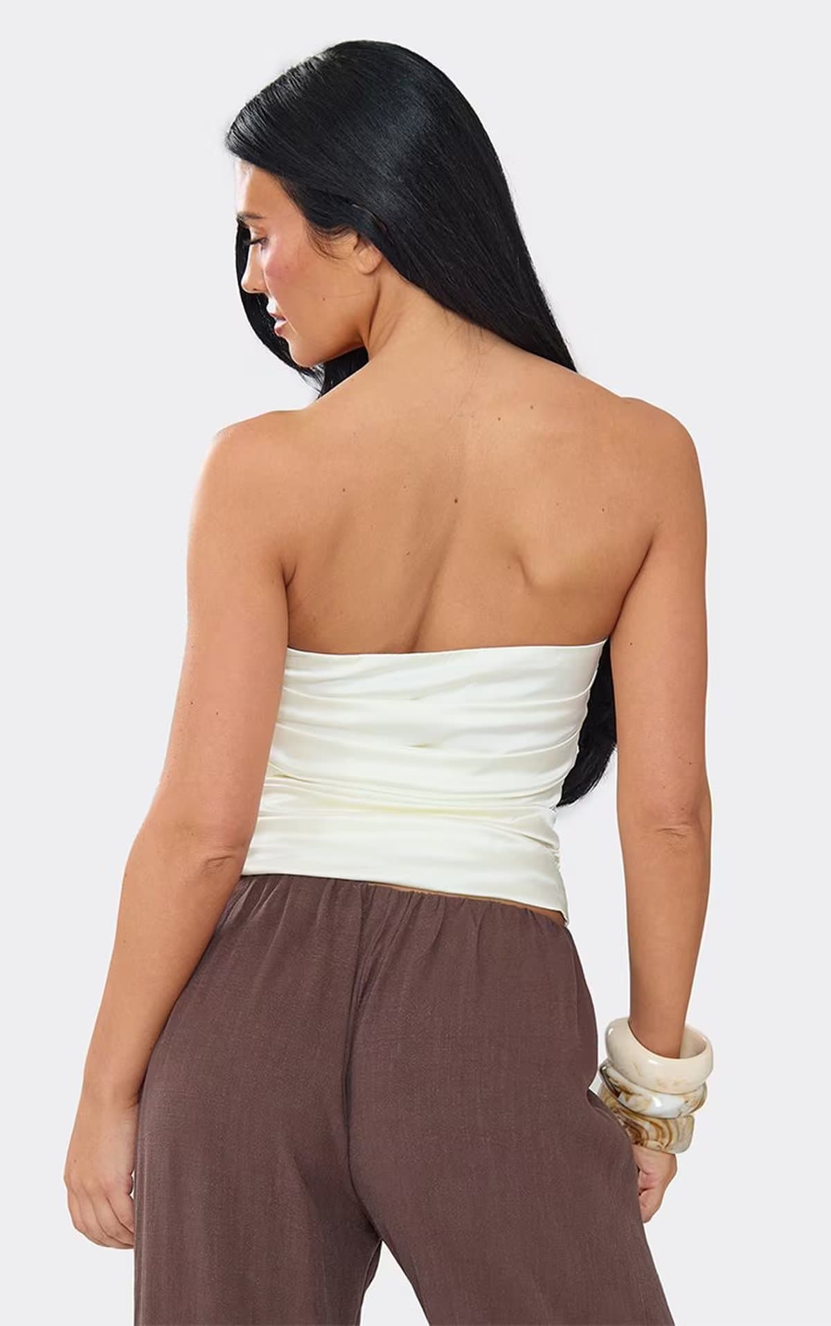 EGO Bandeau Ruched Top In Cream Satin, Women's Size UK 6