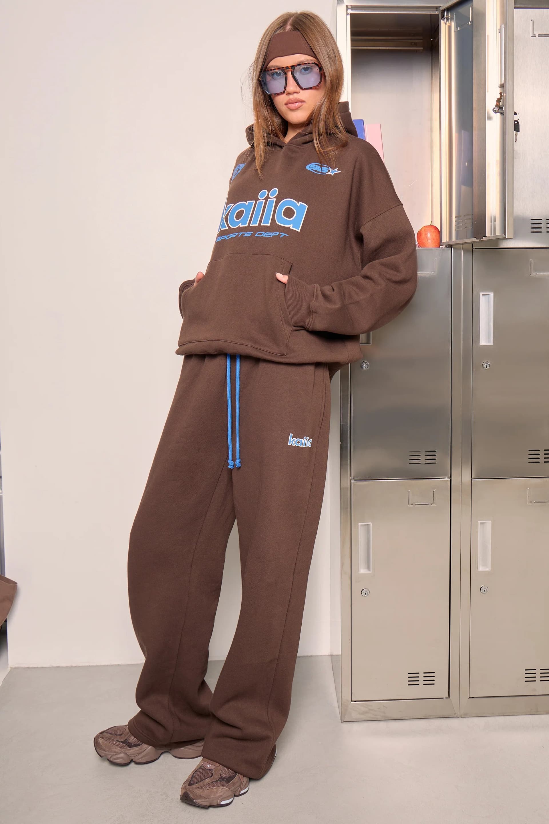 Kaiia Kaiia Athletic Wide Leg Joggers Bitter Chocolate & Mid Cobalt