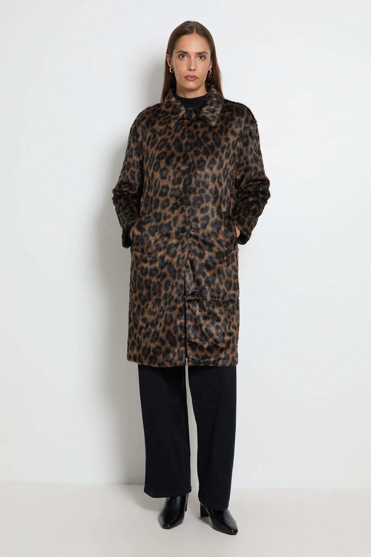 Wallis Wallis Women's Faux Pony Hair Animal Print Car Coat